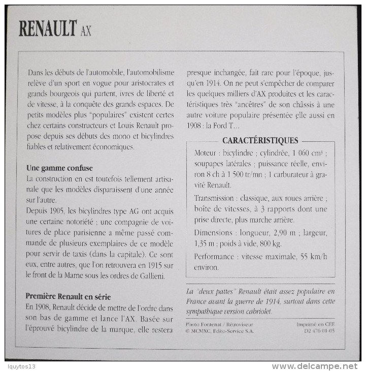 FICHE TECHNIQUE ILLUSTREE De VOITURE AUTOMOBILE ANCIENNE - RENAULT AX De 1908 - Parfait Etat - - Voitures