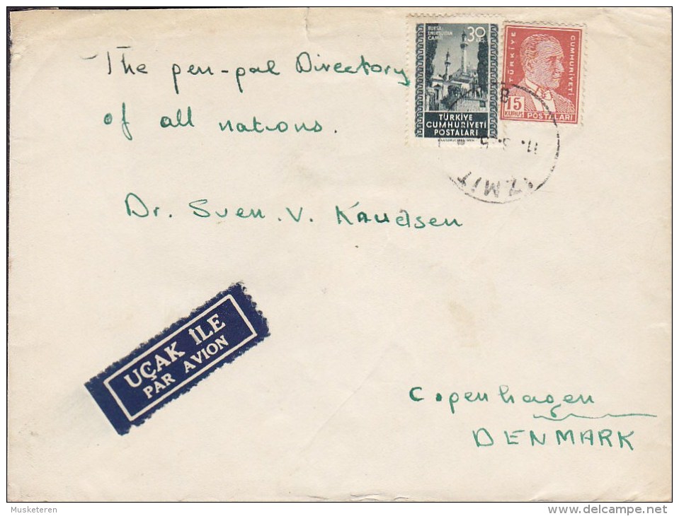 Turkey UCAK ILE Par Avion Label IZMIR 19?5 Cover Lettera To Denmark Atatürk (2 Scans) - Airmail