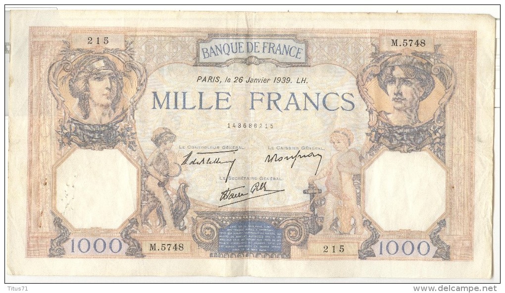 Billet 1000 Francs France Cérès Et Mercure 1939 - 1 000 F 1927-1940 ''Cérès Et Mercure''