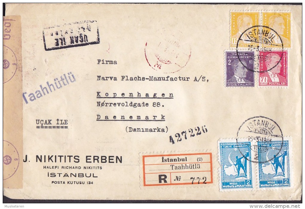 Turkey UCAK ILE Par Avion & Registered Labels ISTANBUL 1943 Cover German OKW Atatürk & Red Cross/ Half Moon (2 Scans - Airmail