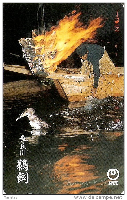 TARJETA DE JAPON DE UN PESCADOR CON UN CORMORAN DE 105 UNITS (290-281-1989) BIRD-PAJARO - Japón