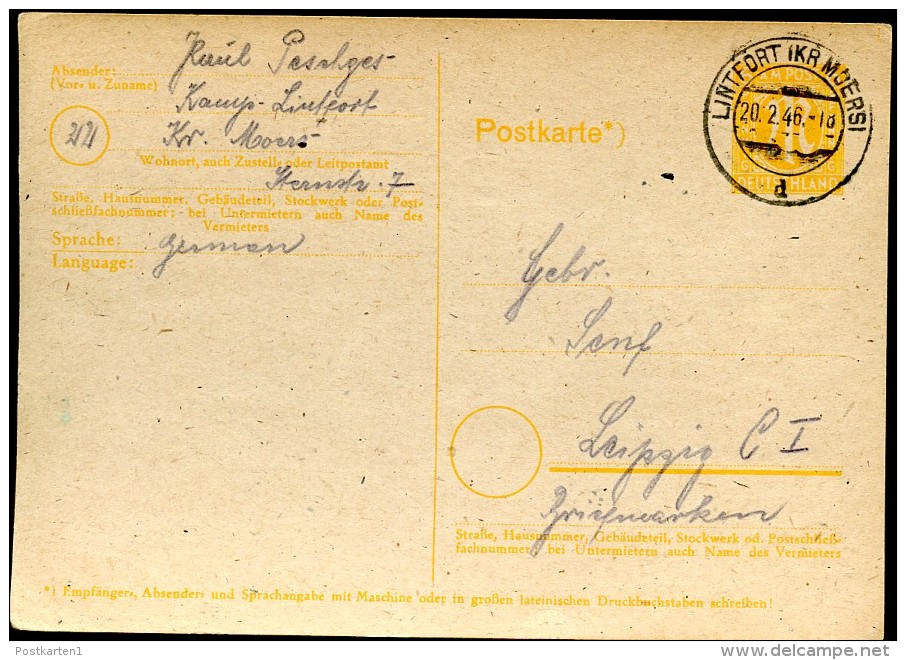 Britische Zone P905 Postkarte Gebraucht Lintfort 1946 - Autres & Non Classés