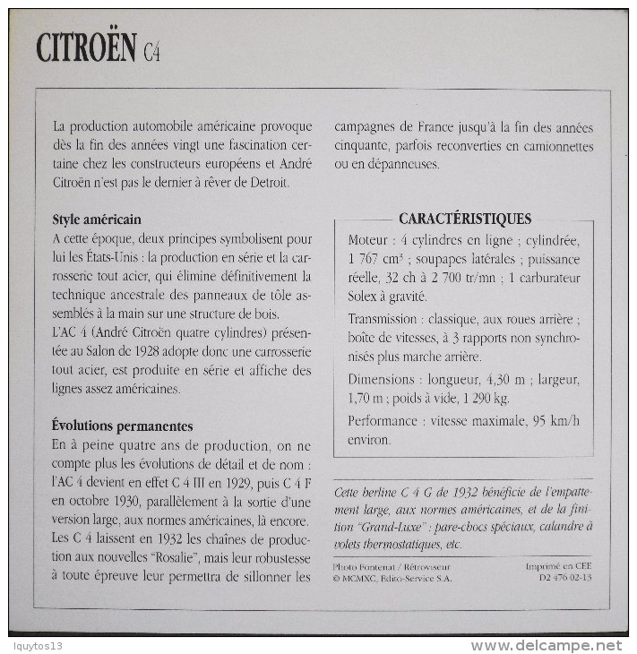 FICHE TECHNIQUE ILLUSTREE De VOITURE AUTOMOBILE ANCIENNE - CITROËN C4 De 1932 - Parfait Etat - - Voitures