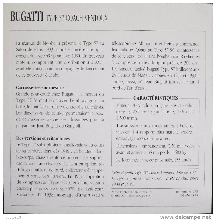 FICHE TECHNIQUE ILLUSTREE De VOITURE AUTOMOBILE ANCIENNE - BUGATTI TYPE 57 COACH VENTOUX De 1933 - Parfait Etat - - Voitures