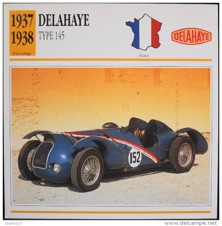 FICHE TECHNIQUE ILLUSTREE De VOITURE AUTOMOBILE ANCIENNE - DELAHAYE TYPE 145 De 1937 - Parfait Etat - - Cars