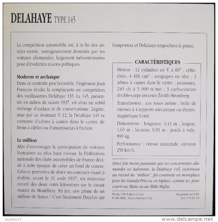 FICHE TECHNIQUE ILLUSTREE De VOITURE AUTOMOBILE ANCIENNE - DELAHAYE TYPE 145 De 1937 - Parfait Etat - - Voitures