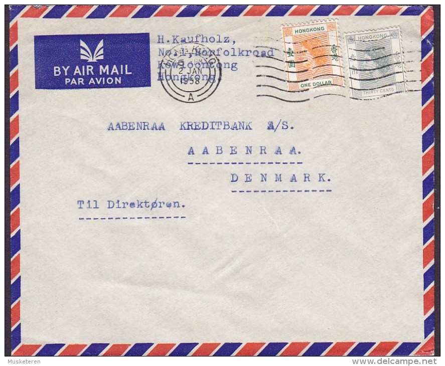 Hong Kong Air Mail Par Avion HONG KONG 1958 Cover Brief AABENRAA Denmark QEII 1 $ & 30c. Stamps - Lettres & Documents