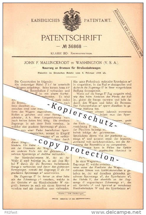 Original Patent - John F. Mallinckrodt In Washington , 1886 , Bremsen Für Straßenbahnwagen , Straßenbahn , Eisenbahn !!! - Historische Documenten