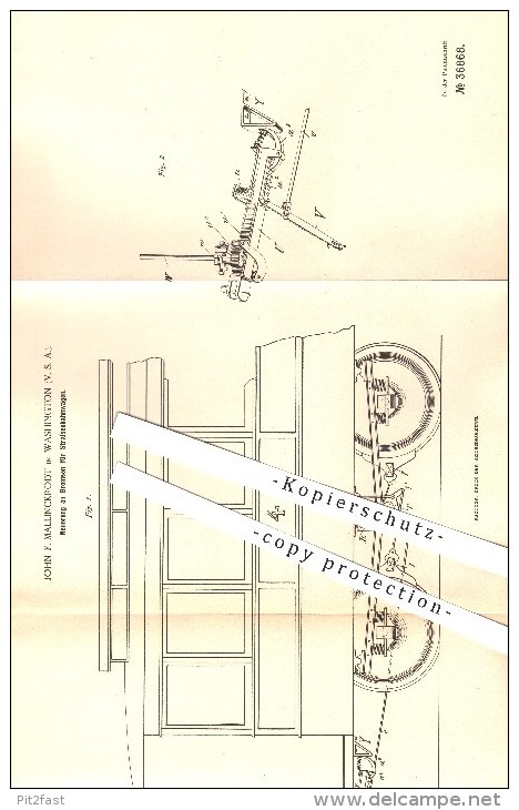 Original Patent - John F. Mallinckrodt In Washington , 1886 , Bremsen Für Straßenbahnwagen , Straßenbahn , Eisenbahn !!! - Historische Documenten