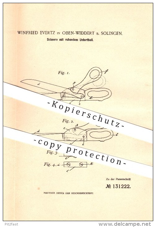 Original Patent - Winfried Evertz In Oben-Widdert B. Solingen , 1901 , Schere , Scheren , Schneiden , Schneidwerkzeug !! - Historische Dokumente