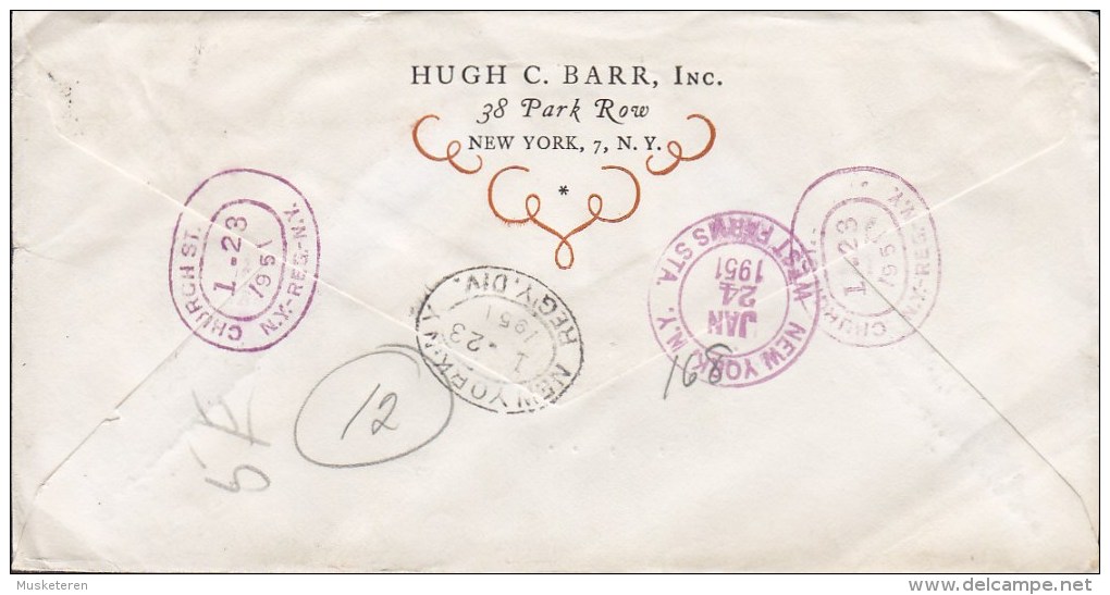 United States HUGH C. BARR Inc. NEW YORK Registered Recommandé 1951 Cover Lettre 2x Swedish Pioneer & Monroe (2 Scans) - Expres & Aangetekend