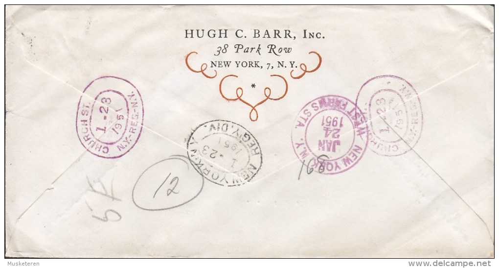 United States HUGH C. BARR Inc. NEW YORK Registered Recommandé 1951 Cover Lettre 2x Swedish Pioneer & Monroe (2 Scans) - Special Delivery, Registration & Certified