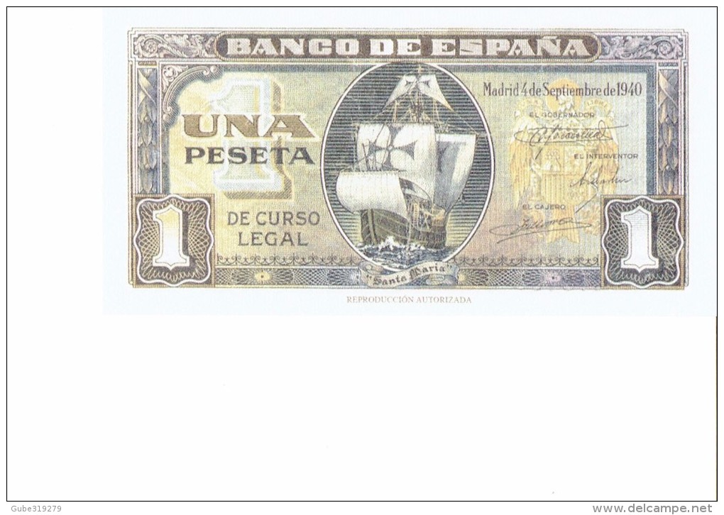 SPAIN 1940- REPLICA - REPRODUCTION -OVALO CON NAVE SANTA MARIA - PAPER BILL 1 PESETA  ISSUED JSEP 4, 1940 RE35 3 PERFEC - [ 8] Ficticios & Especimenes