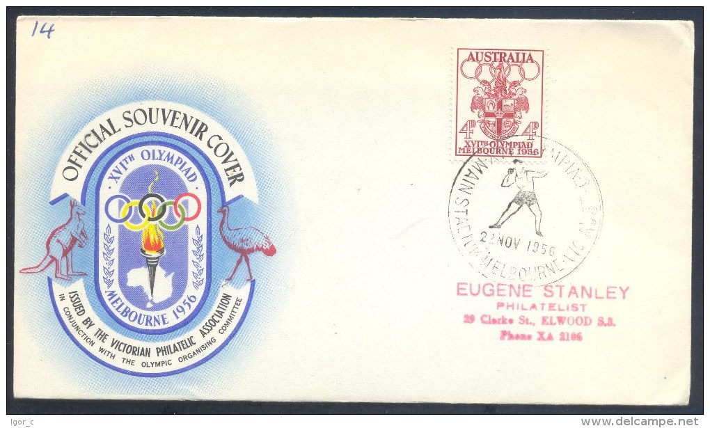 Australia 1956 Olympic Games Cover: Melbourne Coat Of Arm; Olympic Torch Kangaroo; Shot Put Main Stadium Cancellation - Sommer 1956: Melbourne