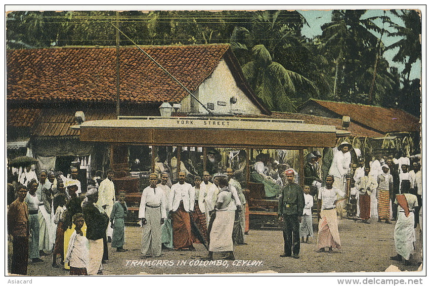 Tramcars In Colombo Tram York Street Close Up French Ship Line N Paquebot FR No 1 On British Stamp - Sri Lanka (Ceylon)