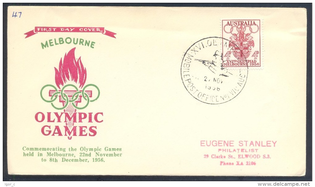 Australia 1956 Olympic Games Cover: Melbourne Coat Of Arm; Olympic Torch; Shooting Mobile Post Cancellation - Summer 1956: Melbourne