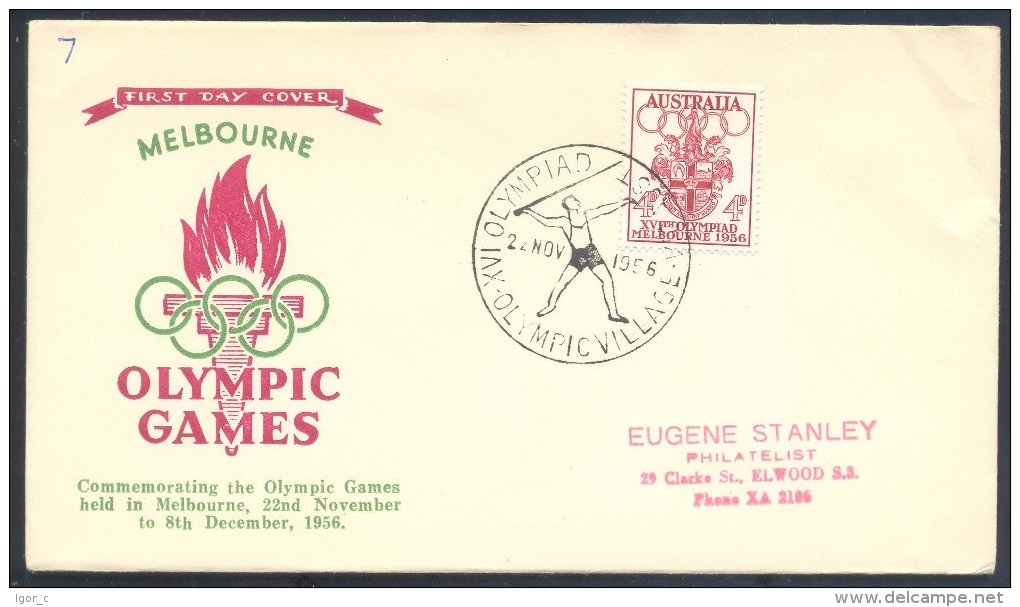 Australia 1956 Olympic Games Cover: Melbourne Coat Of Arm; Olympic Torch; Javelin Olympic Village  Cancellation - Sommer 1956: Melbourne