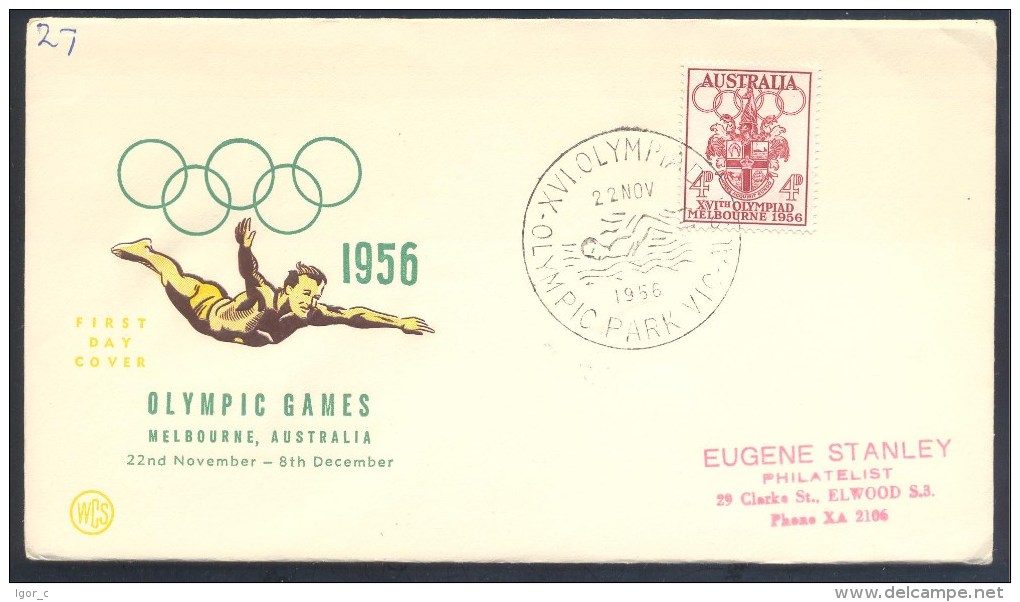 Australia 1956 Olympic Games Cover: Melbourne Coat Of Arm; Diving; Swimming Olympic Park Cancellation - Sommer 1956: Melbourne