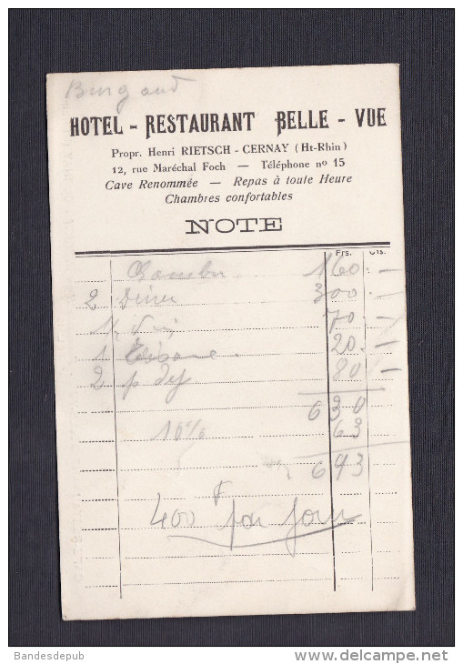 Vente Immediate à Prix Fixe - Cernay - Hotel Cafe Restaurant Belle Vue - Propr. H. Rietsch ( Note Au Verso) - Cernay