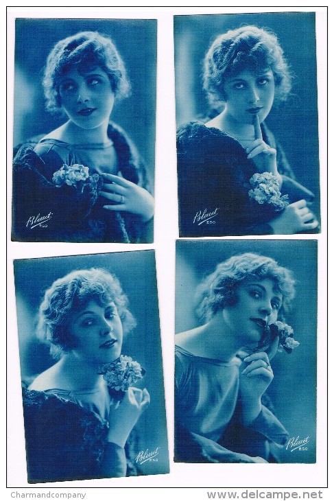 4 Cartes Anciennes, Fond Bleu, Jeune Femme, Fleurs -  Edit. Bleuet N° 250 - 2 Scans - Frauen