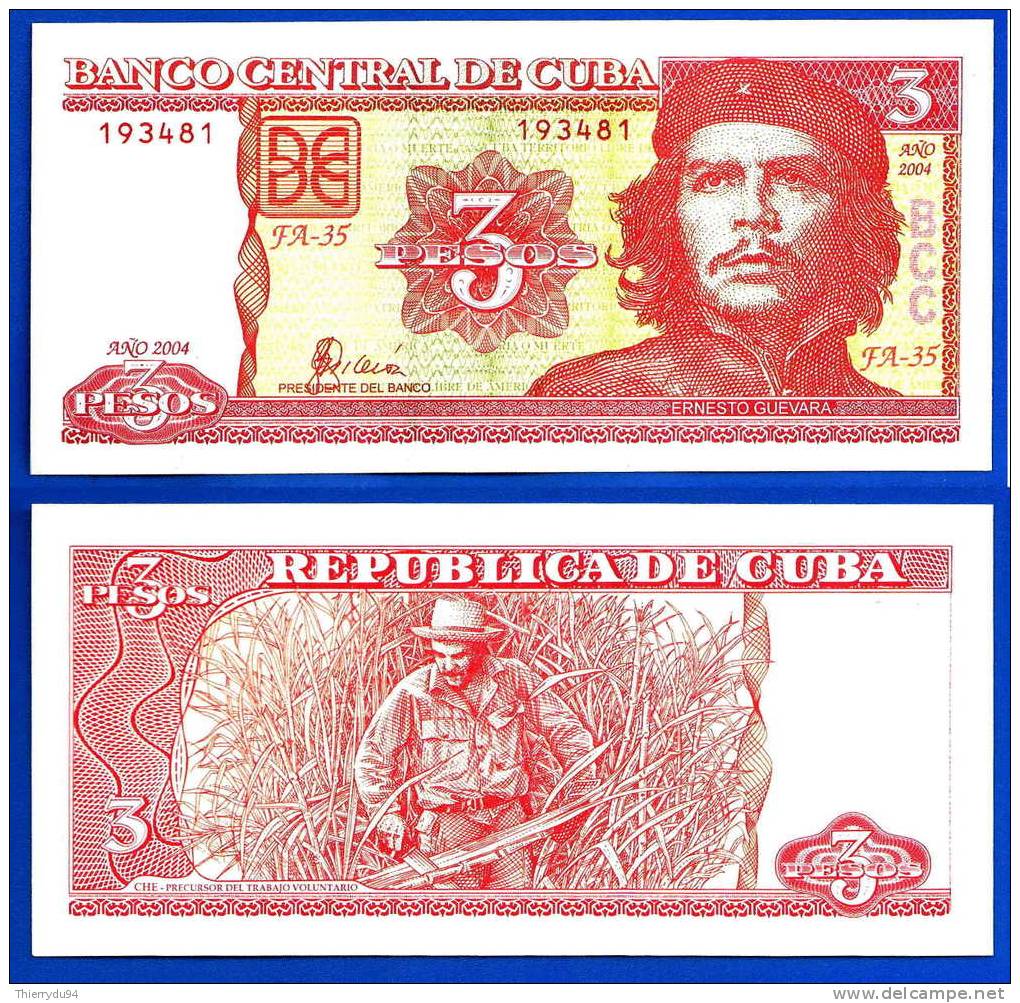 Cuba 3 Pesos Che Guevara 2004 UNC Uncirculated Neuf Peso Centavo Centavos Cent Paypal Skrill OK - Cuba