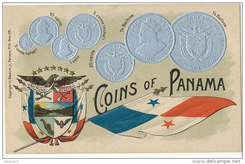 Coins Of Panama Embossed Card Silver Coins Flag Escudo  Edit Maduro - Panama