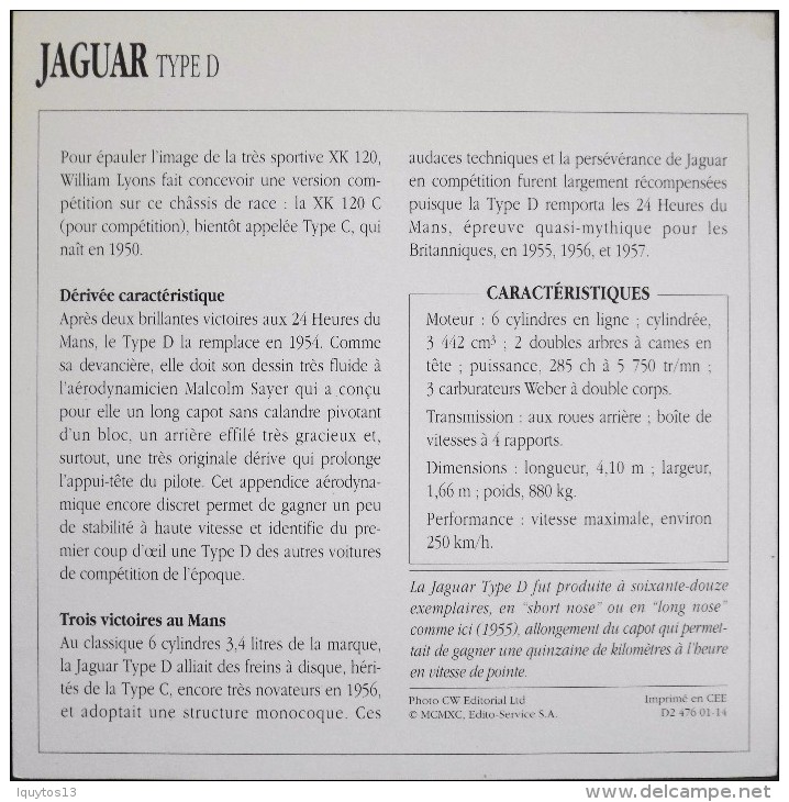 FICHE TECHNIQUE ILLUSTREE De VOITURE AUTOMOBILE ANCIENNE - JAGUAR TYPE D De 1955 - Parfait Etat - - Autos