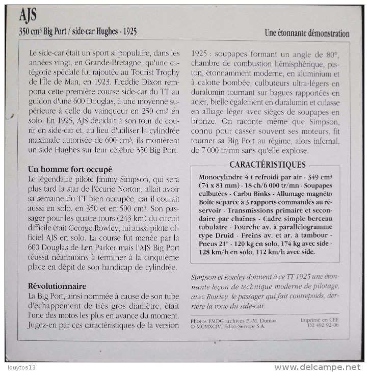FICHE TECHNIQUE ILLUSTREE De MOTO ANCIENNE De COURSE - AJS 350cm3 Big Port / Side-car De 1925 - En Parfait Etat - - Cars