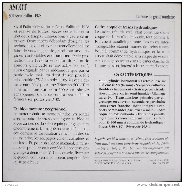 FICHE TECHNIQUE ILLUSTREE De MOTO ANCIENNE De TOURISME - ASCOT 500 ASCOT-PULLIN De 1928 - En Parfait Etat - - Autos