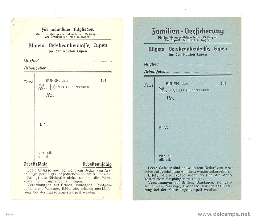 EUPEN - Lot De 2 Documents " Allgem. Ortskrankenkasse " 194... Guerre 40/45 - Bank & Versicherung