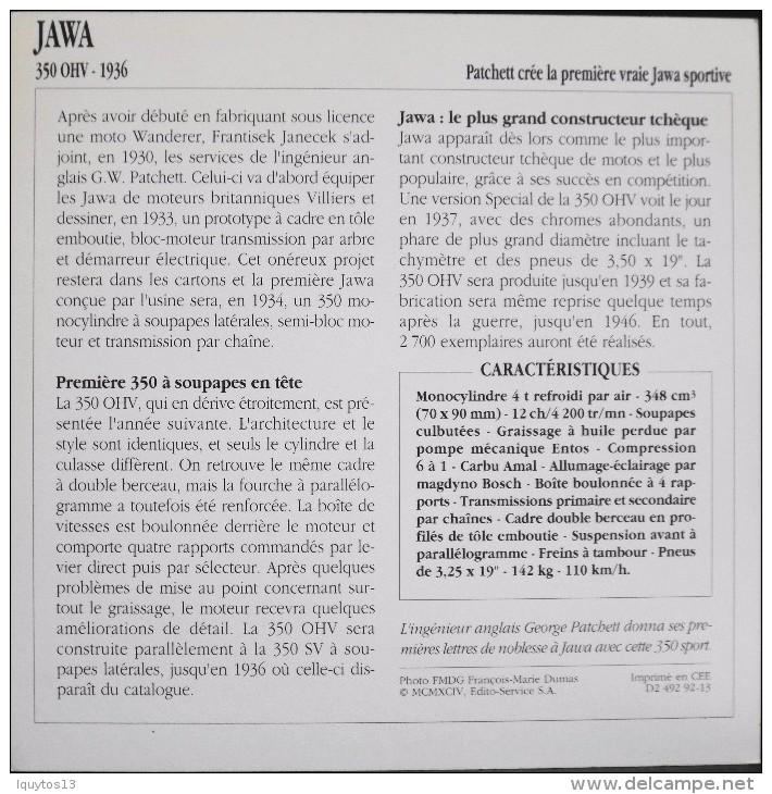 FICHE TECHNIQUE ILLUSTREE De MOTO ANCIENNE De SPORT - JAWA 350 OHV De 1936 - En Parfait Etat - - Voitures