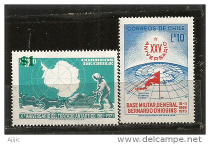 ANTARCTIQUE CHILIEN. Jubilé De La Base Militaire O'Higgins & Traité Antarctique (surchargé) 2 T-p Neufs ** - Bases Antarctiques