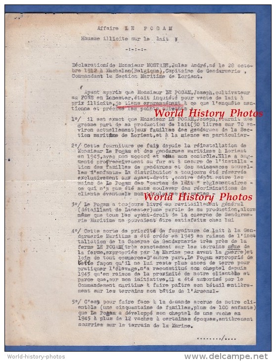 Document De Gendarmerie - Affaire LE POGAM , Hausse Illicite Sur Le Lait - Section Maritime De Lorient - Vers 1945 - Policia