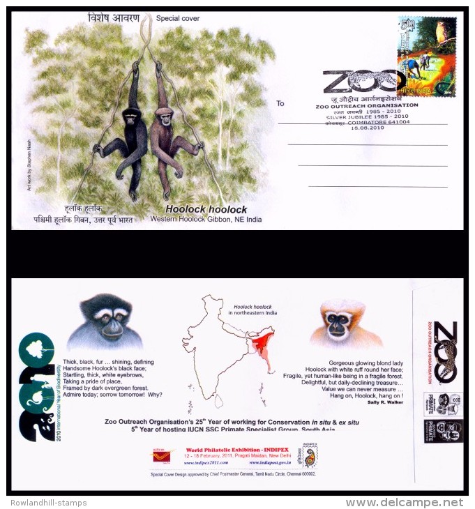 India, 2010, Special Cover, Hoolock Hoolock, Gibbon, Zoo Outreach Organisation, Indien Inde, Animals, Fauna, Mammals. - Chimpanzés