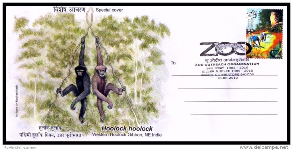 India, 2010, Special Cover, Hoolock Hoolock, Gibbon, Zoo Outreach Organisation, Indien Inde, Animals, Fauna, Mammals. - Chimpancés