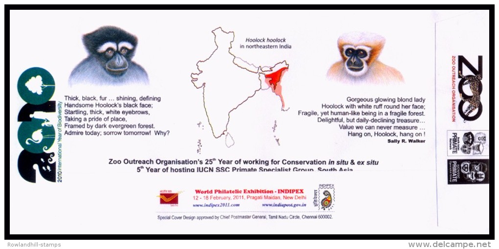 India, 2010, Special Cover, Hoolock Hoolock, Gibbon, Zoo Outreach Organisation, Indien Inde, Animals, Fauna, Mammals. - Chimpancés