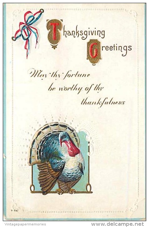 107799-Thanksgiving, Nash No T-56-1, Colorful Turkey, Red & Blue Ribbons - Giorno Del Ringraziamento