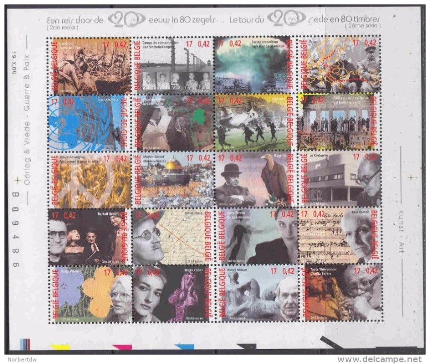 Belgium**20th CENTURY –SHEET 20stamps-2000-HIROSHIMA-CALLAS-MAGRITTE-BARTOK-MNH-VIETNAM-BRECHT - Other & Unclassified