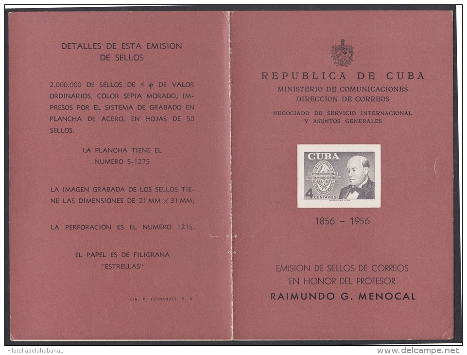 PRP-2 CUBA. PROPAGANDA POSTAL. 1956. RAIMUNDO GARCIA MENOCAL. MEDICINA. MEDICINE. FDC. - Ongebruikt