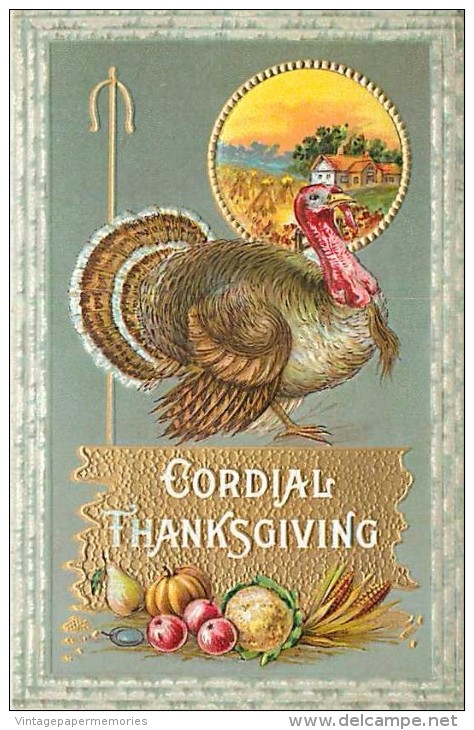 107815-Thanksgiving, Samson Brothers No 33C-3, Large Turkey & Fall Farm Scene In Oval - Giorno Del Ringraziamento