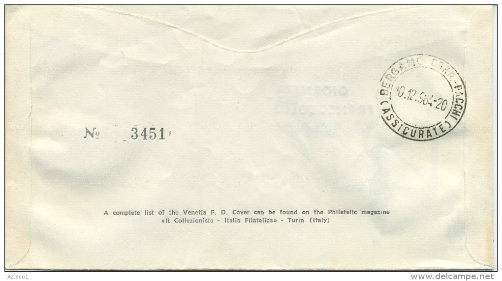 ITALIA - FDC VENETIA 1964 - GIORNATA DEL FRANCOBOLLO - VIAGGIATA PER BERGAMO - FDC