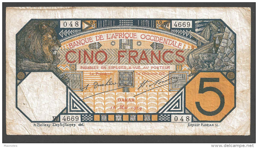AFRIQUE OCCIDENTALE (French West Africa)  :  5 Francs - 1929  - P58g - Sn 048 4669 - Andere - Afrika