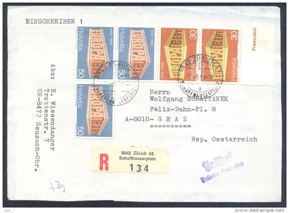 Switzerland Suisse Schweiz 1969 Registered Einschreiben Cover (front Page Only): Europa Cept; Zoll-frei Stempel - Lettres & Documents