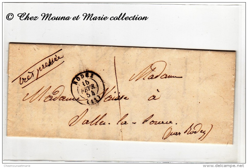 1854 - MARQUE POSTALE - RODEZ SALLES LA SOURCE - CAD TYPE 15 - MENTION TRES PRESSEE - MME NAISSE - 1849-1876: Période Classique