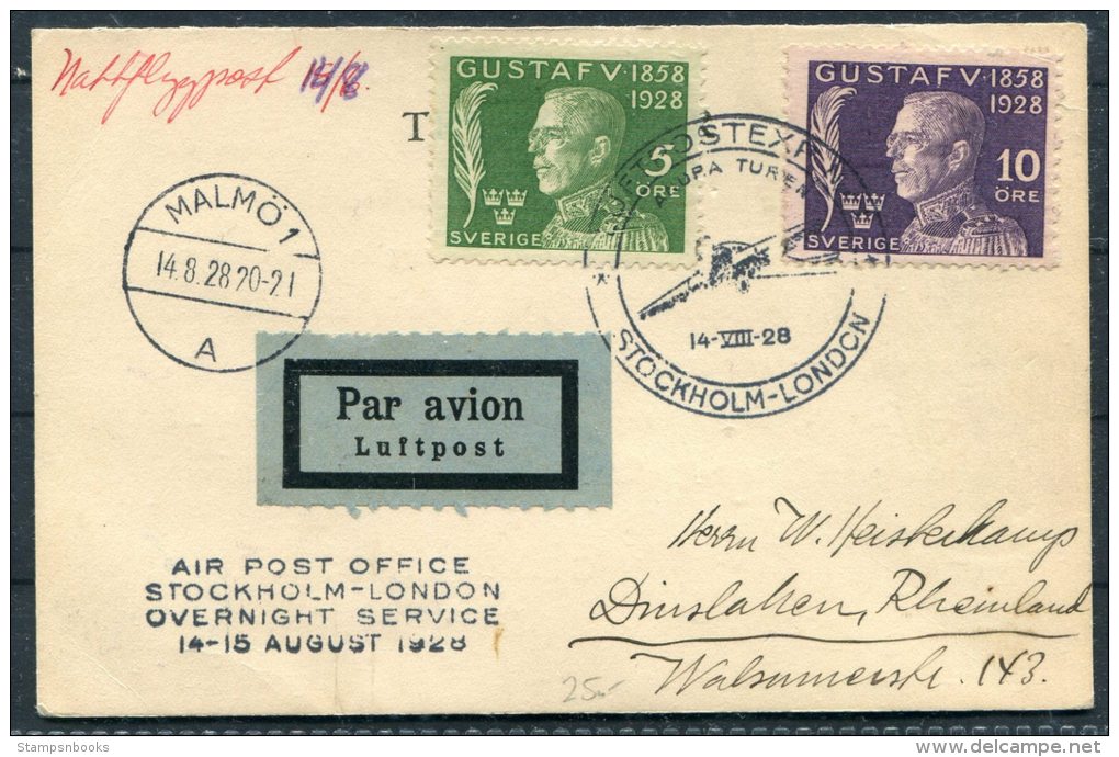 1928 Sweden 14th/15th August Stockholm - London Overnight Flight Airmail - Briefe U. Dokumente