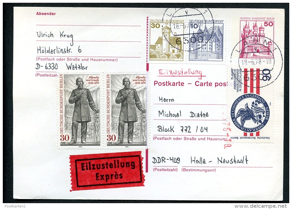 BERLIN P105 Postkarte EILSENDUNG Lahn - Halle-Neustadt 1978 - Cartes Postales - Oblitérées