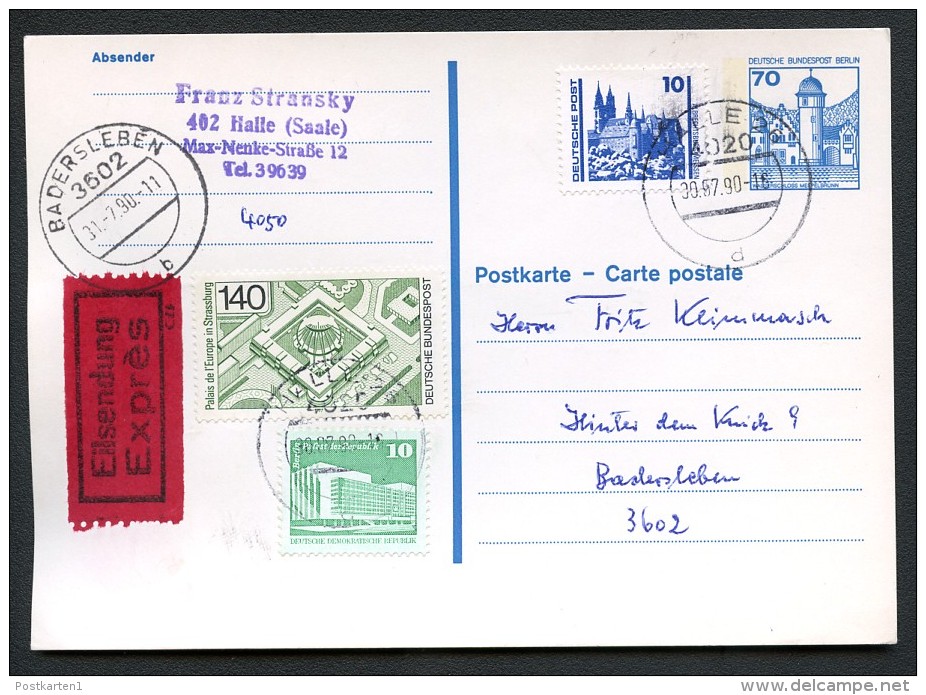 BERLIN P123 II Postkarte EILSENDUNG Halle-Badersleben 30.07.1990 - Cartes Postales - Oblitérées