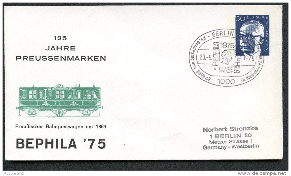 BERLIN PU50 C1/001 Privat-Umschlag BAHNPOSTWAGEN Sost. 1975  NGK 10,00 € - Privé Briefomslagen - Gebruikt