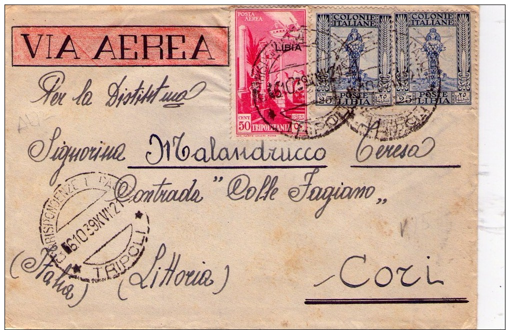 ITALIA   Storia Postale  Colonie   Tripoli  Cent. 50 + Coppia Di 25   Del  6 - 10 - 1939 - Altri & Non Classificati