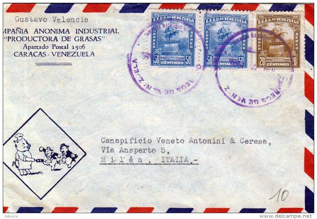 VENEZUELA 1946 - 3 Fach Frankierung Auf LP-Brief Von Caracas Nach Milan Italien, Sonderstempel Primer Vuzlo Venezu ... - Venezuela